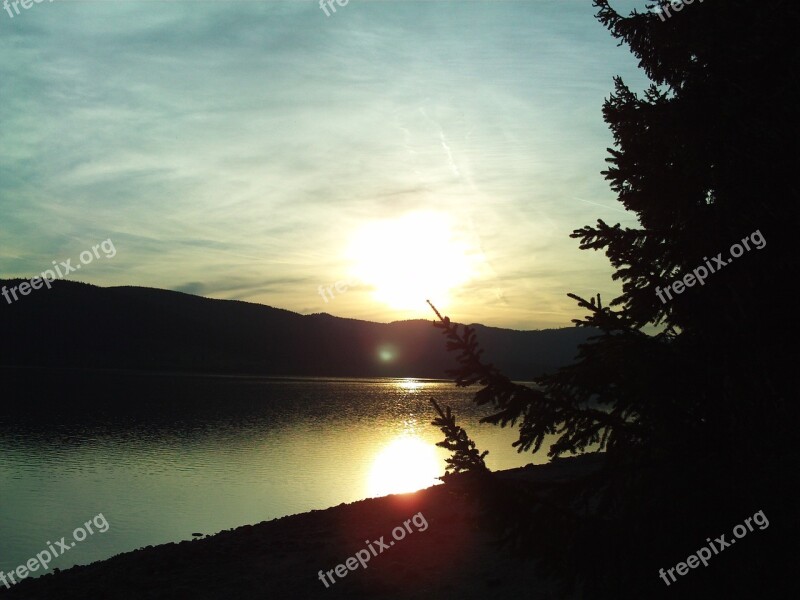 Lake Sunset Orange Sky Mountains Forest