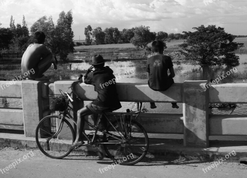 Boys Children Watching River Fishing