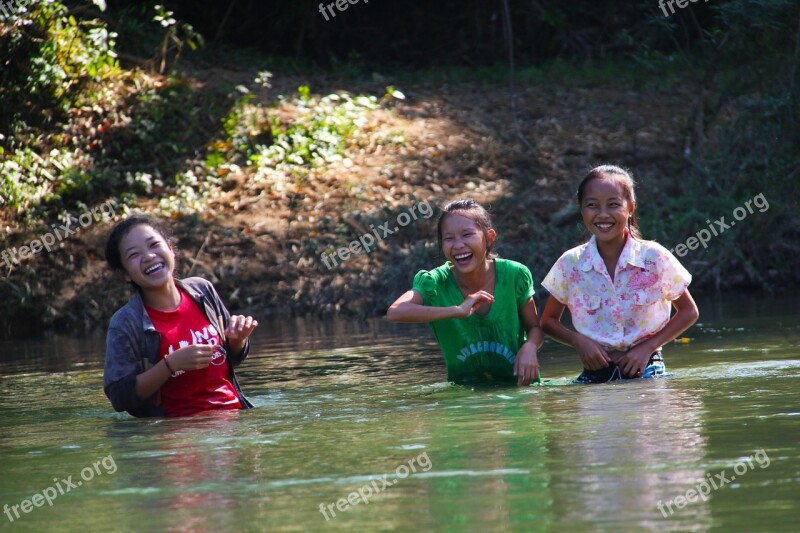 River Children Laughing Smiling Water