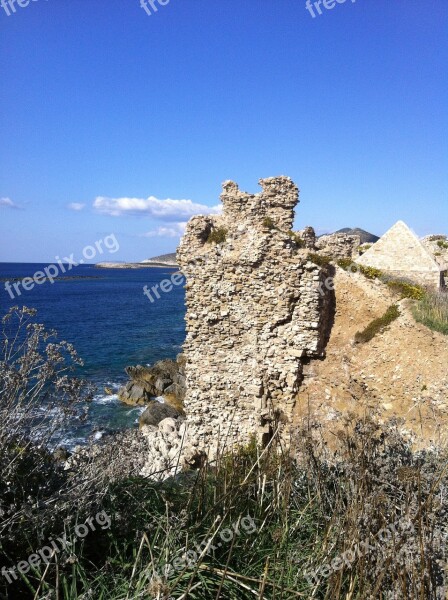 Greece Sea Ancient Castle Ruins Cliffs