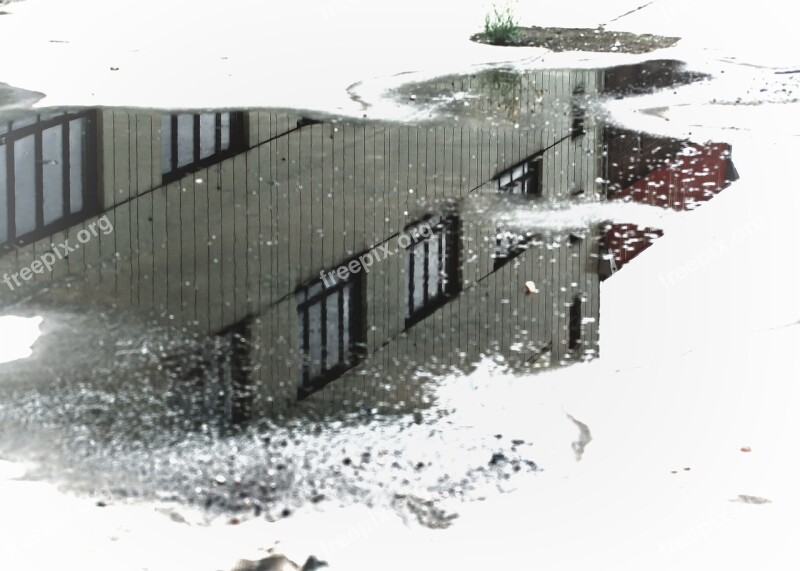 Puddle Mirroring Building Raining Transient