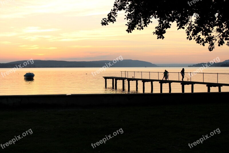 Evening Red Bodensee Austria Pier Mountains