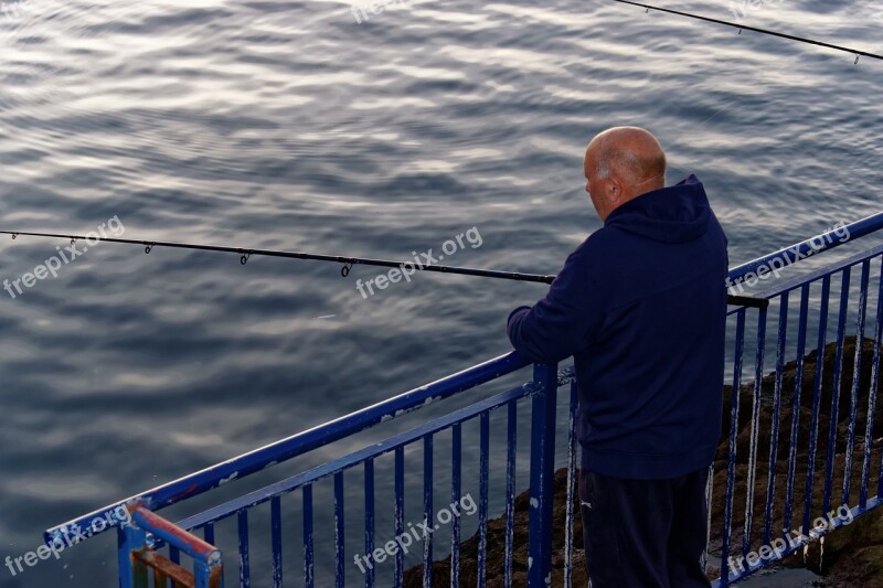 Man Fishing Harbor Sunset Dusk