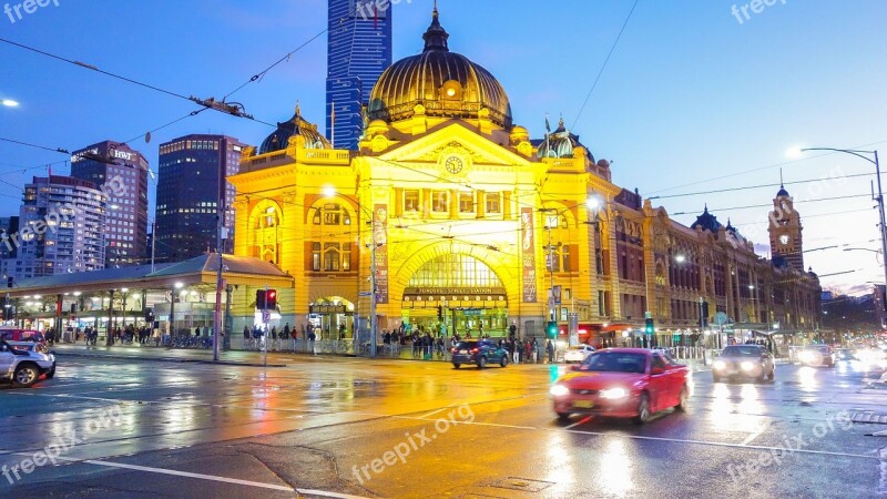 Melbourne Night Shot Station City Cityscape