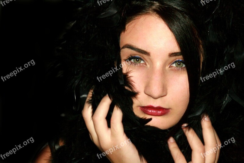 Girl Portrait Green Eyes Beauty Feather