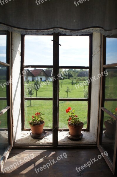 Window The Countryside Summer Geraniums View Window