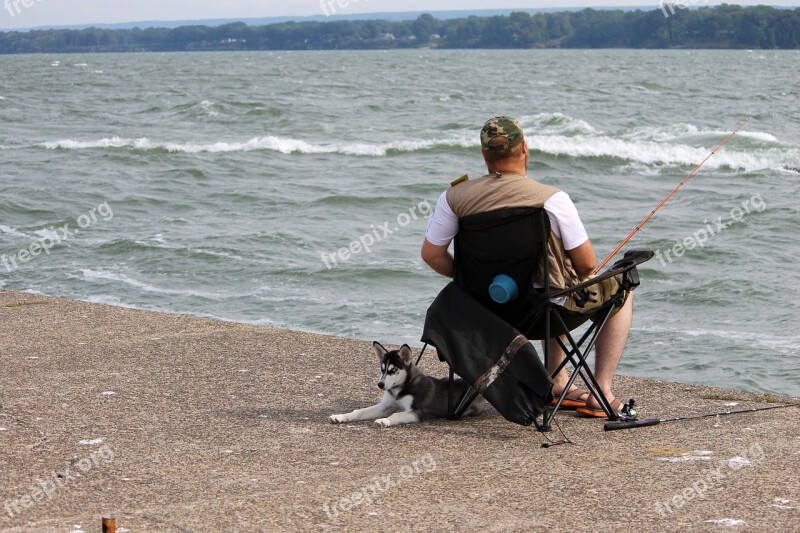 Man Dog Fish Fishing Water Background