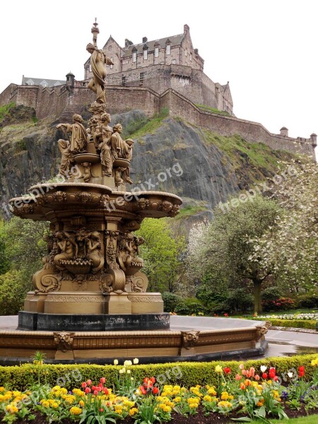 Edinburgh Castle Fountain Flower Beds Copper Free Photos