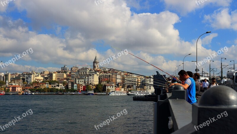 Istanbul Landscape Galata Bridge Fishing Marine