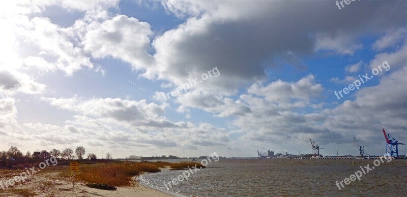 River Clouds Landscape Northern Germany Cranes