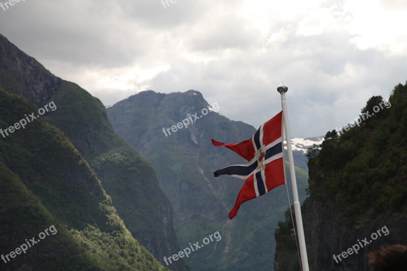 Norway The National Flag Fjord Mountain Woods