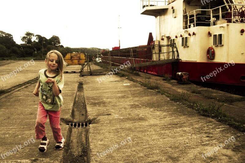 Child Running Boat Harbour Ship Childhood