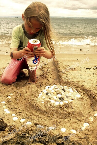 Beach Sand Castle Shells Child Playing