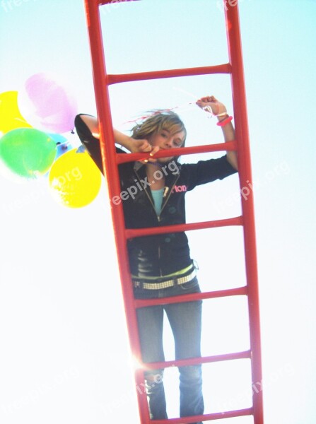 Girl On Ladder Balloons Ladder Climbing Girl