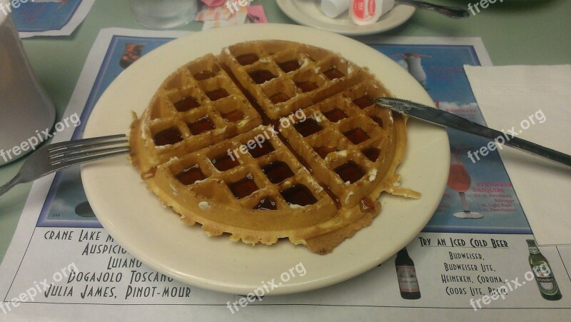 Waffles Syrup Diner Breakfast Food