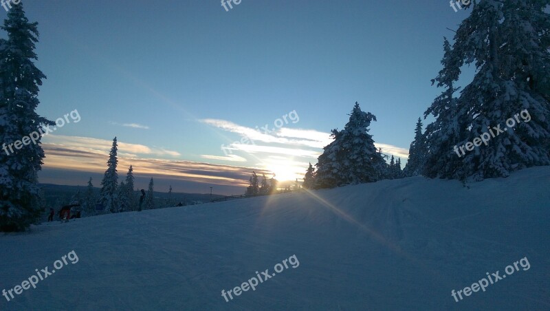 Winter Sunset Blue Sky Landscape Norway