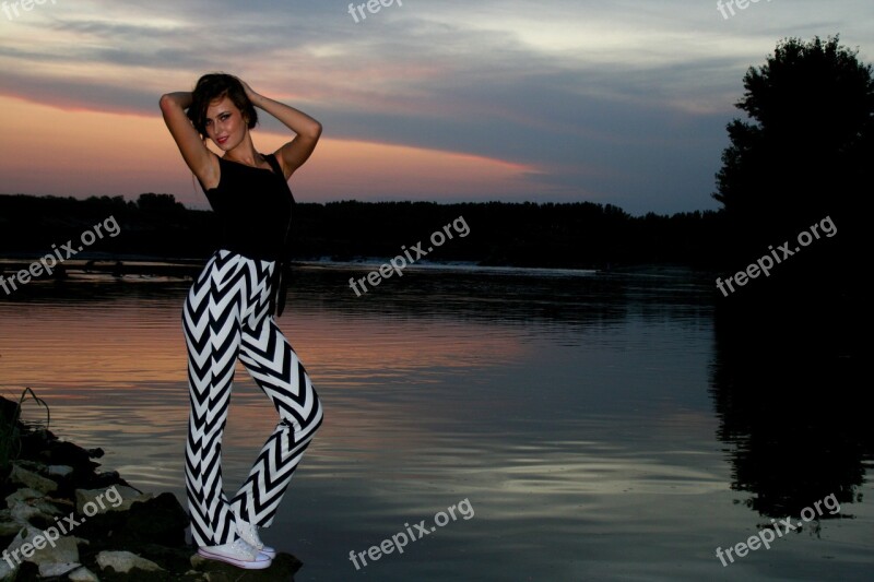 Girl Sunset Water In The Evening Sky