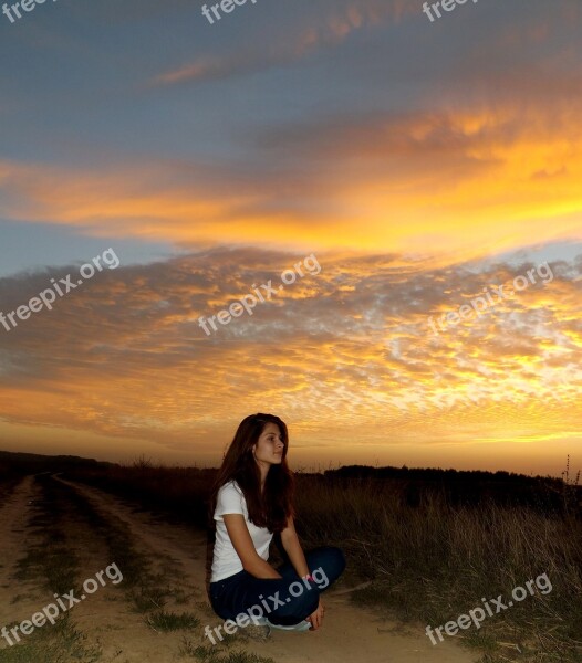 Girl Sunset In The Evening Landscape Sky