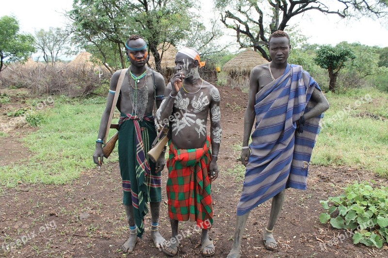 Men Warriors Mursi Ethiopia Africa