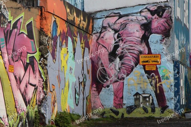 Wall Graffiti Reykjavik Elephant Pink