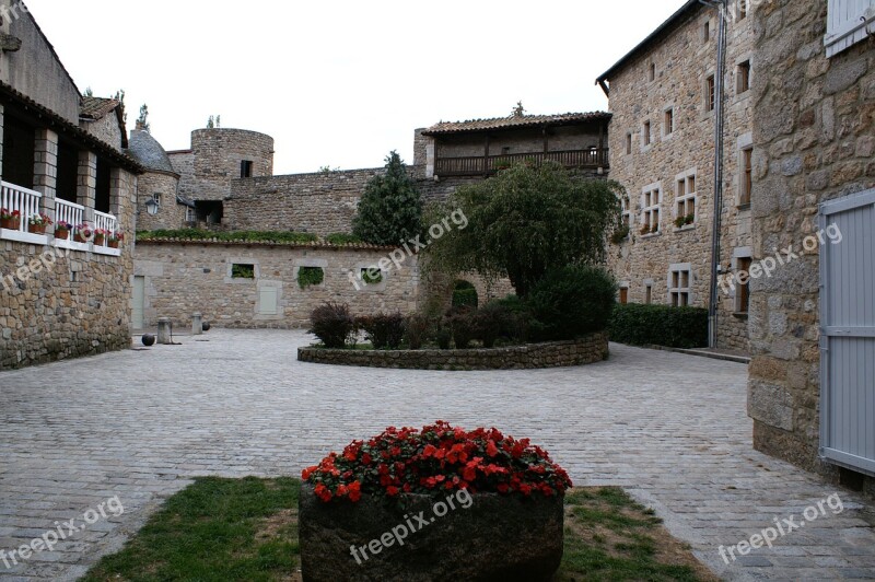 Old Building Stones French Village Courtyard Red Flowers