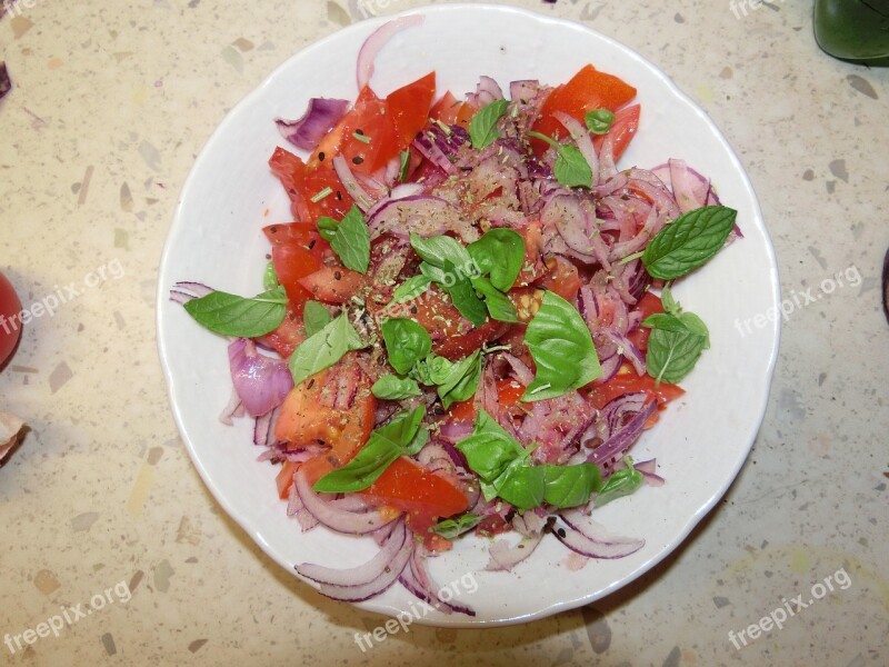 Tomatoes Onion Knife Basil Salad