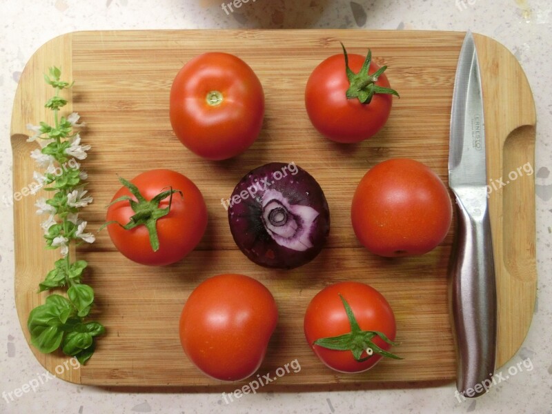 Tomatoes Onion Knife Basil Salad