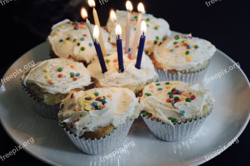 Birthday Cupcakes White Frosting Sprinkles Candles