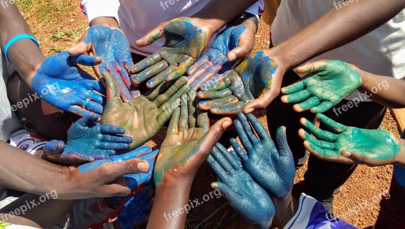 Hands Teamwork People Finger Paint Blue