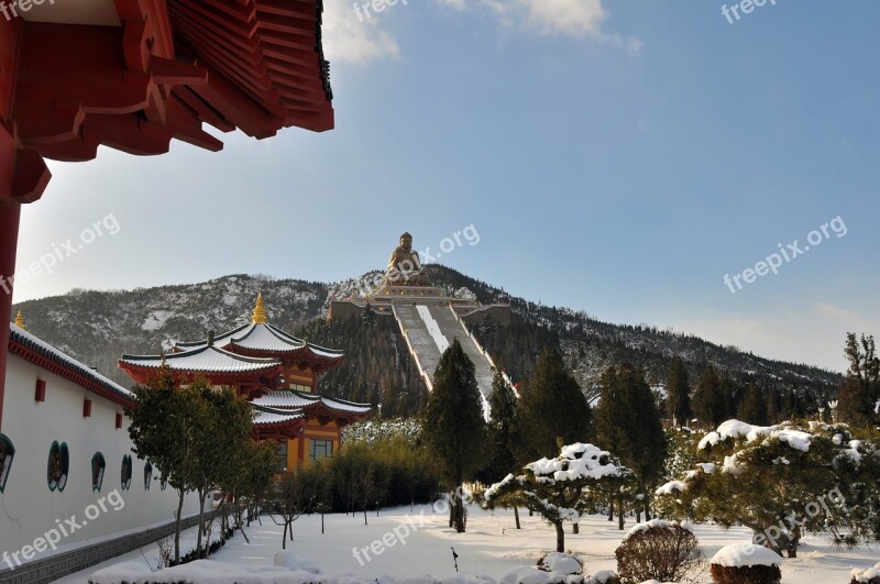 Big Buddha Snow Ancient Architecture Housing Blue Sky