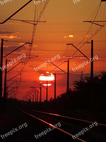 Olkusz Poland Sunset Landscape Railroad Tracks