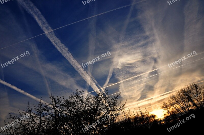 Sunset Heaven Contrails Blue Evening