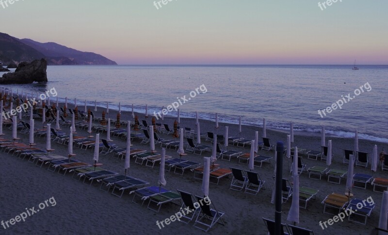 Beach Sunset Umbrellas Sea Water