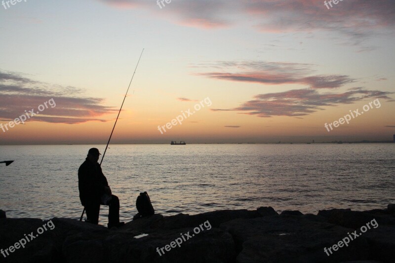 Fisherman Fisher Sunset Evening Sea