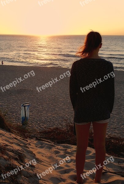 The Silhouette Sunset Woman Girl Beach