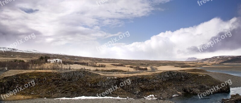 Farm Iceland Blue Sky Cliffs Rocks