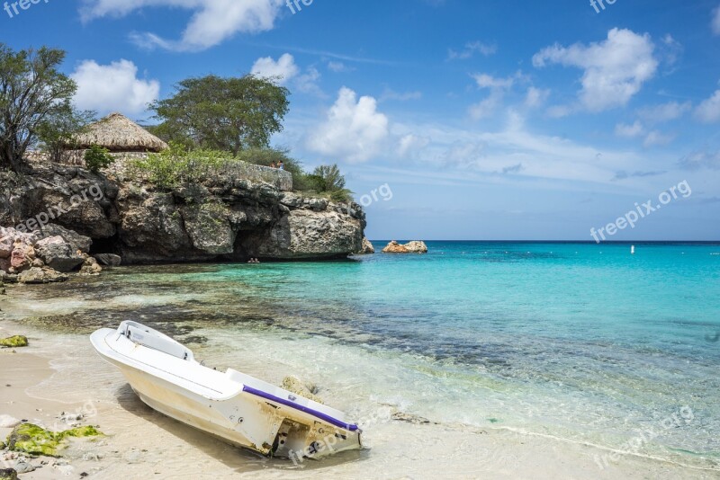 Boat Beach Coastline Curacao Sea