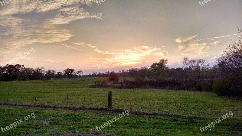 Landscape Sunset Fence Field Trees