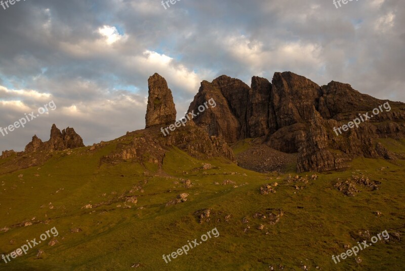 Old Man Of Storr Rock Mountains Sunrise Clouds