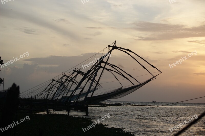 Chinese Fishing Nets Sunset Kerala Kochi Traditional