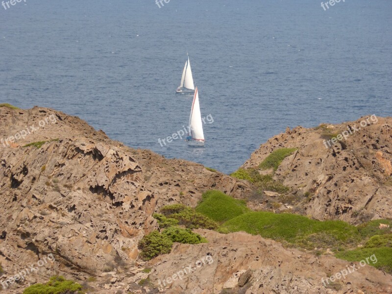 Sea Cap De Creus Rocks Sailboats Free Photos