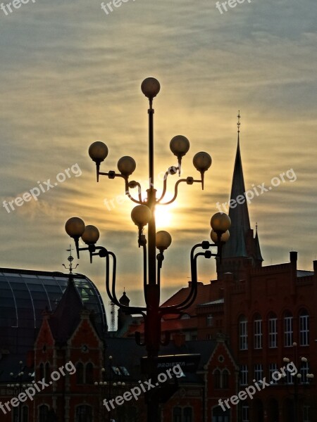 Bydgoszcz Embankment Lantern Silhouettes Sunrise