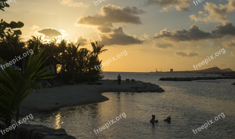 Sunset Caribbean Palm Trees Clouds Colourful