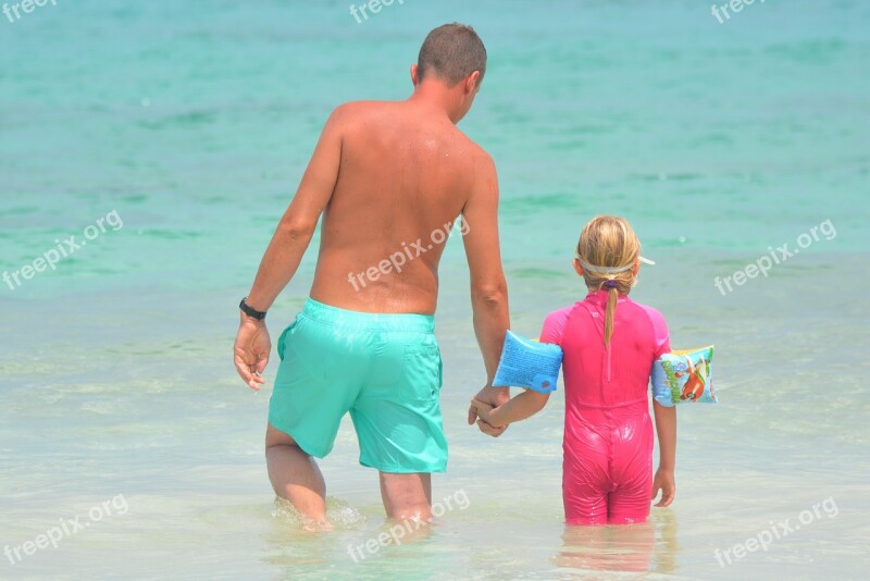 Father Child People Sea Ocean