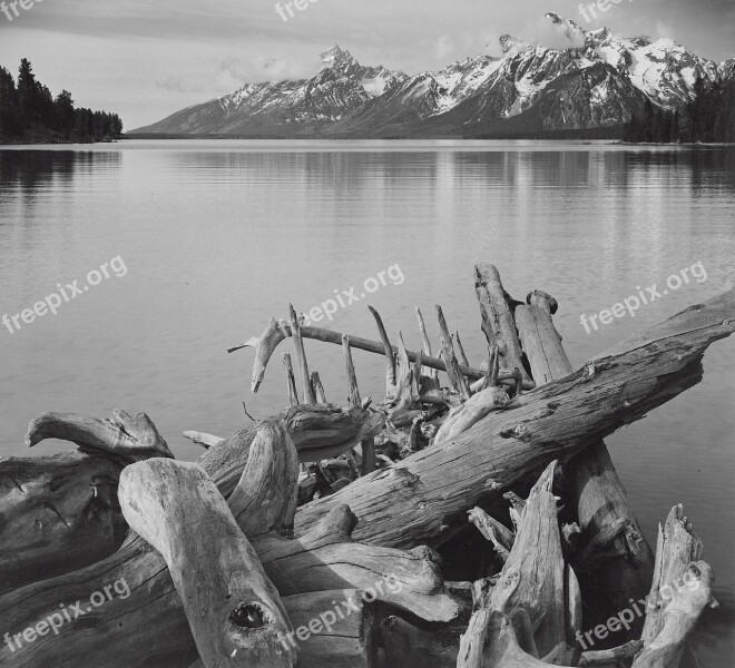 Mountains Water Black And White Jackson Lake Tetons