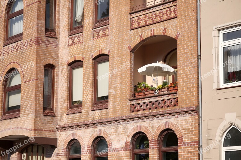 Tenement House Brick Balcony Summer Day Parasol