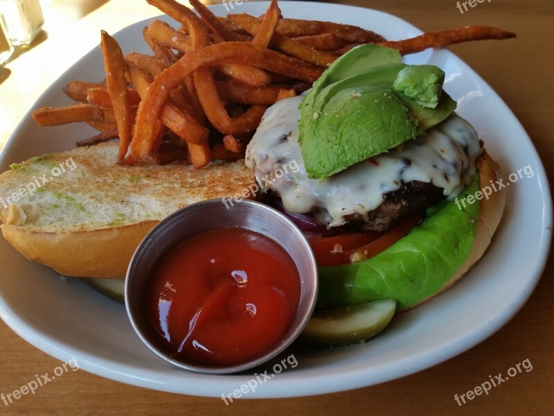 Avocado Cheeseburger Sweet Potato Fries Tomato Red Onion