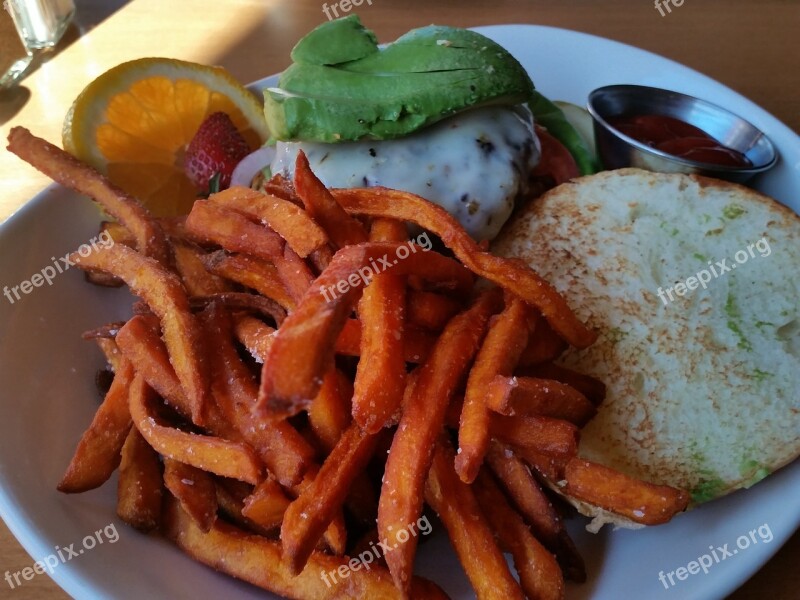 Avocado Cheeseburger Sweet Potato Fries Tomato Red Onion