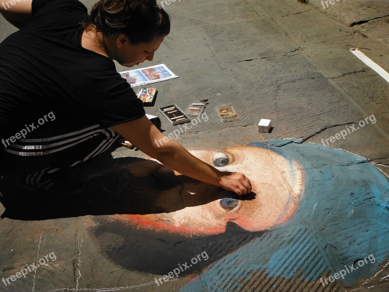 Painting On The Ground Chalk Woman Artist Street Art