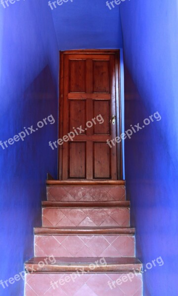 Steps Stairs Blue Blue Walls Door